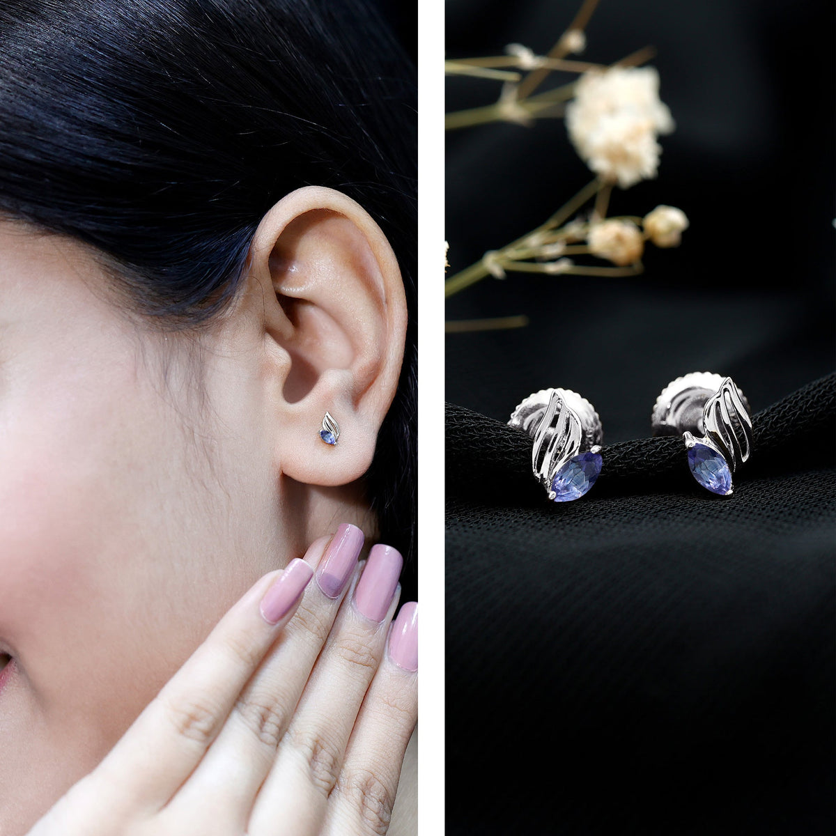 Natural Marquise Tanzanite Leaf Earrings with Screw Back