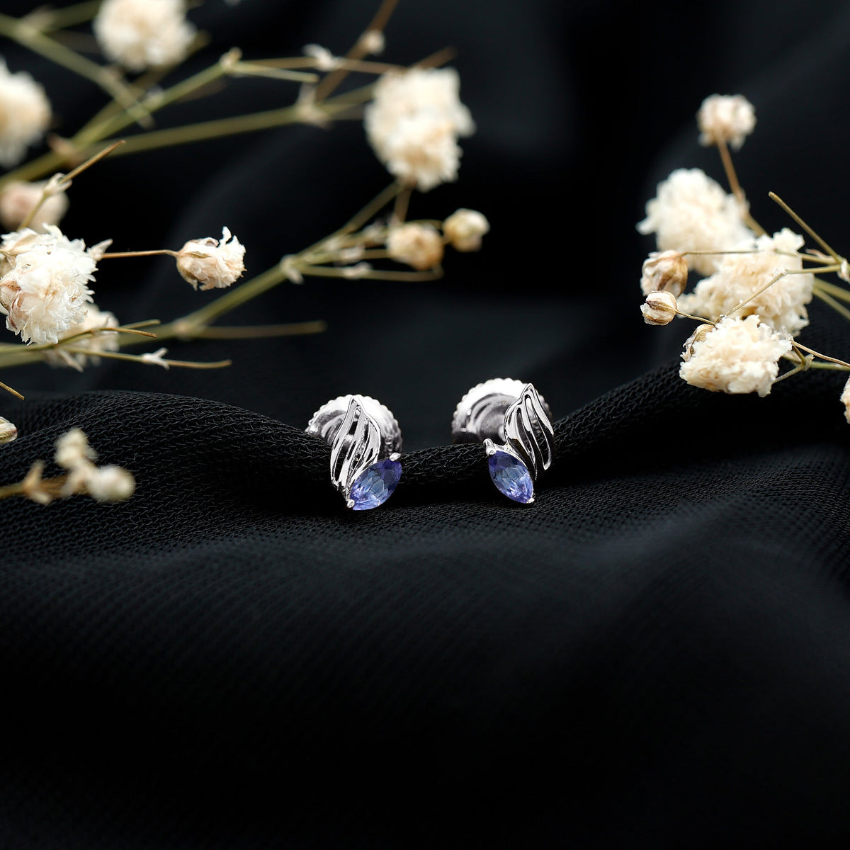 Natural Marquise Tanzanite Leaf Earrings with Screw Back