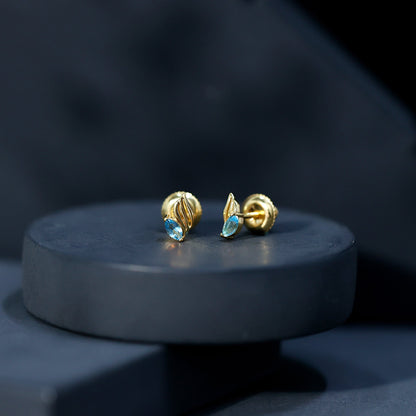 Natural Swiss Blue Topaz Leaf Earrings in Silver