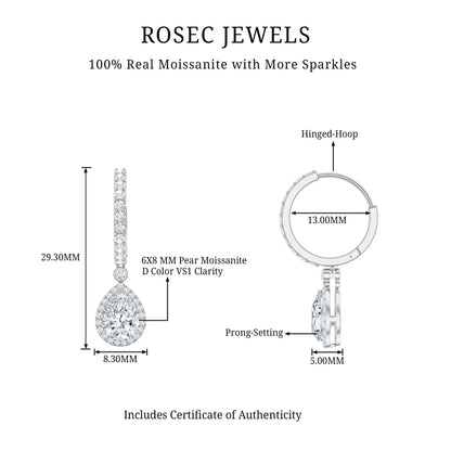 Certified Moissanite Teardrop Earrings with Hinged Hoop