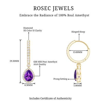 Natural Amethyst Teardrop Earrings with Moissanite Hinged Hoop