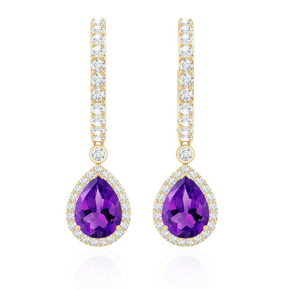 Natural Amethyst Teardrop Earrings with Moissanite Hinged Hoop