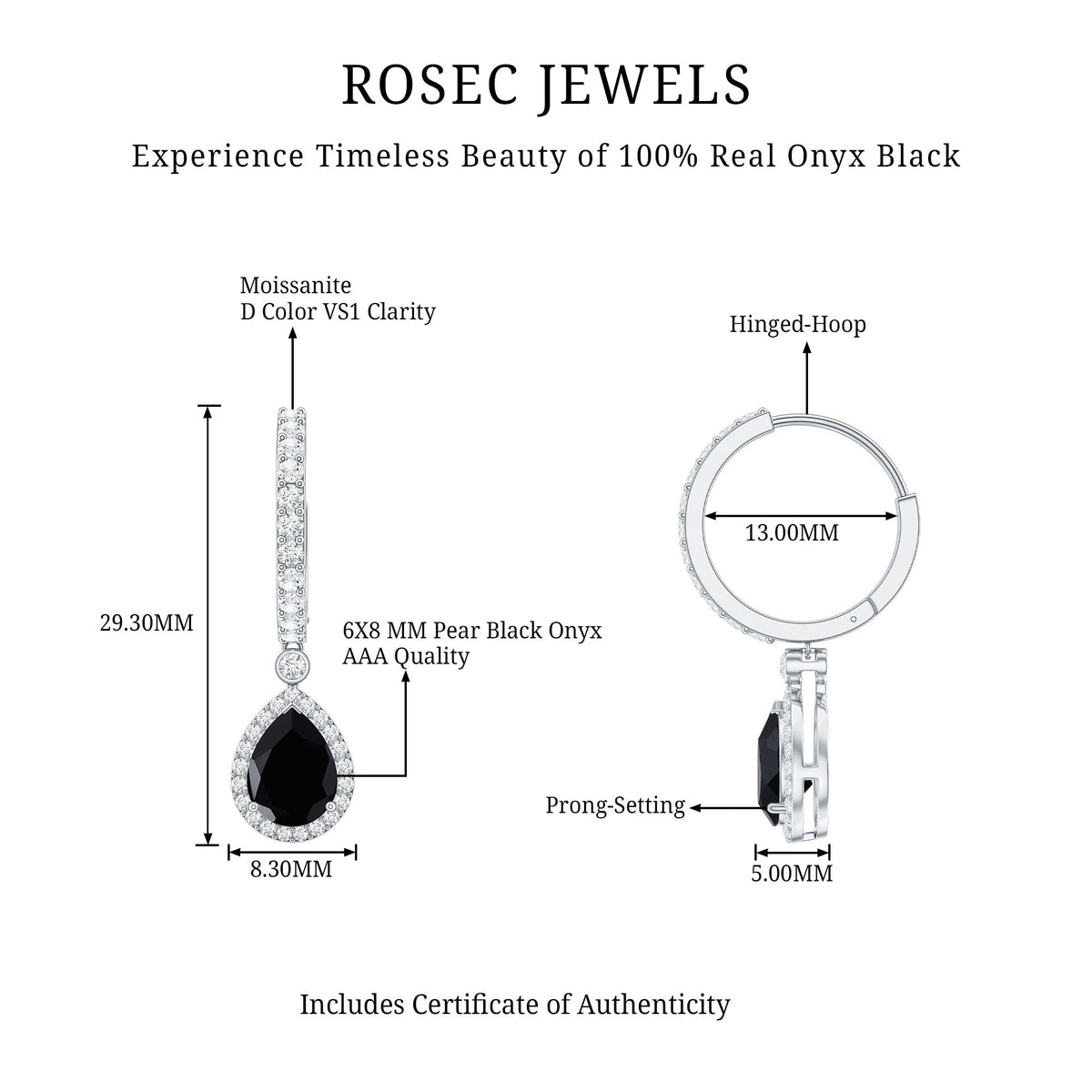 Natural Pear Shape Black Onyx Hoop Drop Earrings