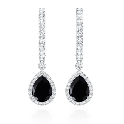 Natural Pear Shape Black Onyx Hoop Drop Earrings