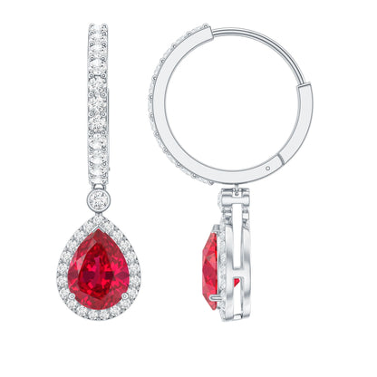 Lab Created Ruby and Moissanite Teardrop Hoop Earrings
