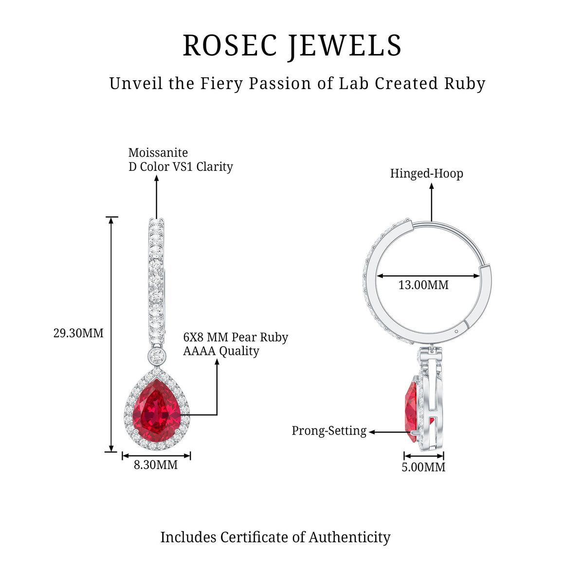 Lab Created Ruby and Moissanite Teardrop Hoop Earrings