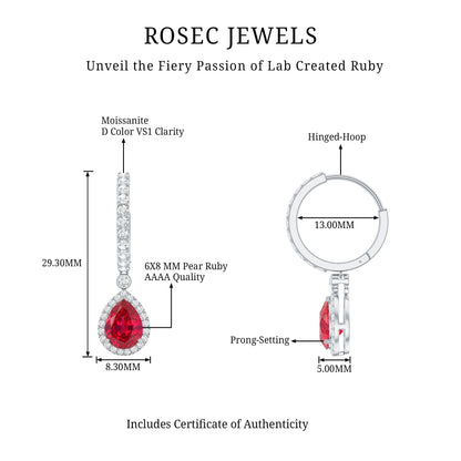 Lab Created Ruby and Moissanite Teardrop Hoop Earrings