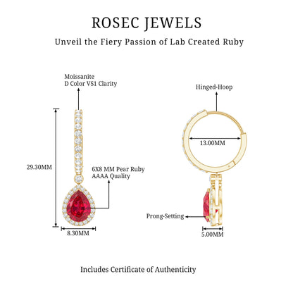 Lab Created Ruby and Moissanite Teardrop Hoop Earrings