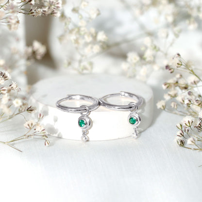 Certified Lab Grown Emerald and Diamond Drop Hoop Earrings