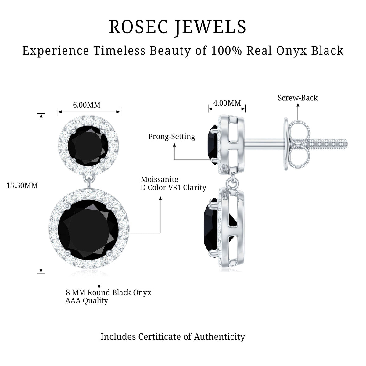 Natural Black Onyx and Moissanite Dangling Earrings