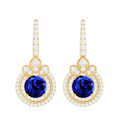 Classic Lab Grown Blue Sapphire Wedding Earrings with Diamonds Halo