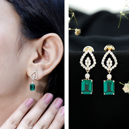 Art Deco Lab Grown Emerald Diamond Drop Earrings With Screw Back