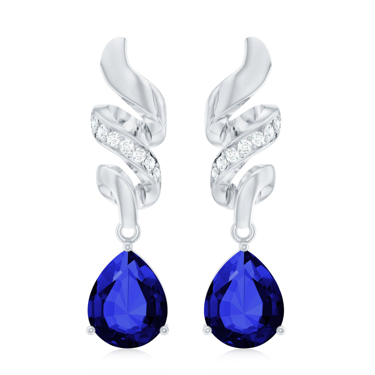 Designer Lab Grown Blue Sapphire Teardrop Earrings with Diamonds