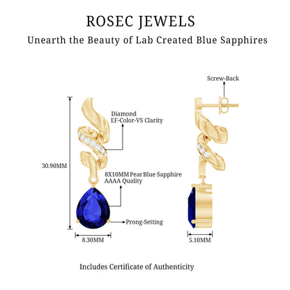 Designer Lab Grown Blue Sapphire Teardrop Earrings with Diamonds