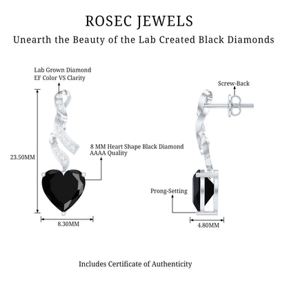 Lab Grown Black Diamond Heart Drop Earrings with Diamonds