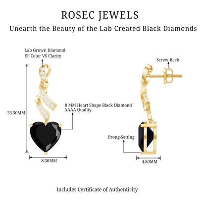 Lab Grown Black Diamond Heart Drop Earrings with Diamonds