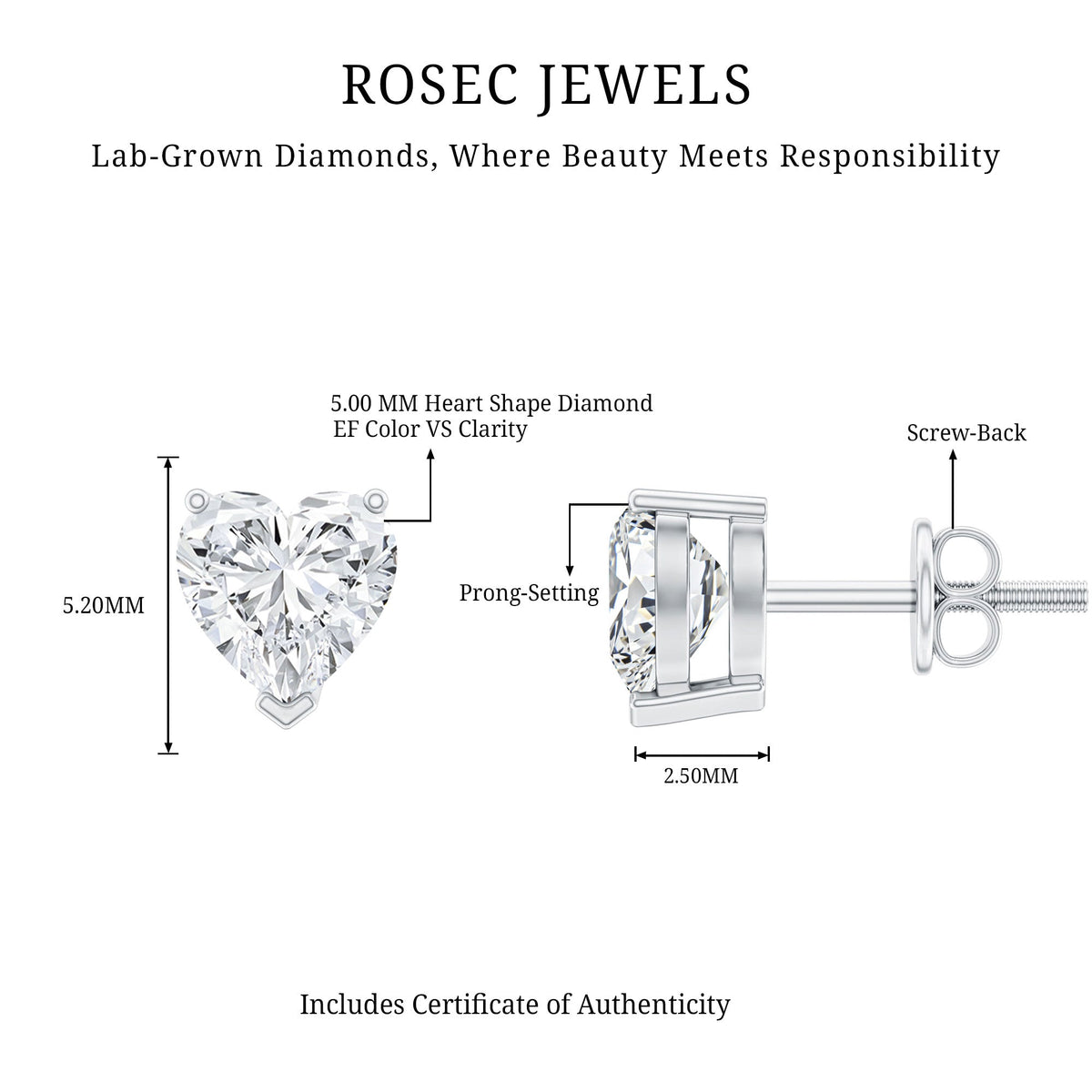 1 Carat Lab Grown Diamond Heart Stud Earrings in 14K Gold Plated Silver