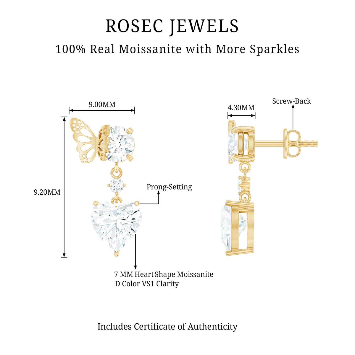 3 Carat Heart Shape Moissanite Drop Earrings with Butterfly