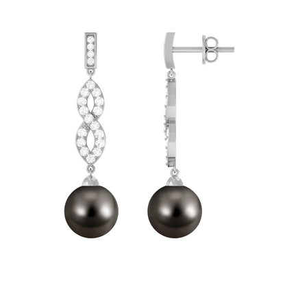 Cultured 15 Carat Tahitian Pearl Dangle Earrings with Diamond Infinity Knot