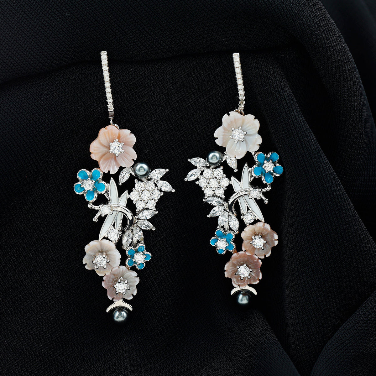 Certified Multi Gemstone Flower Dangle Earrings in Sterling Silver