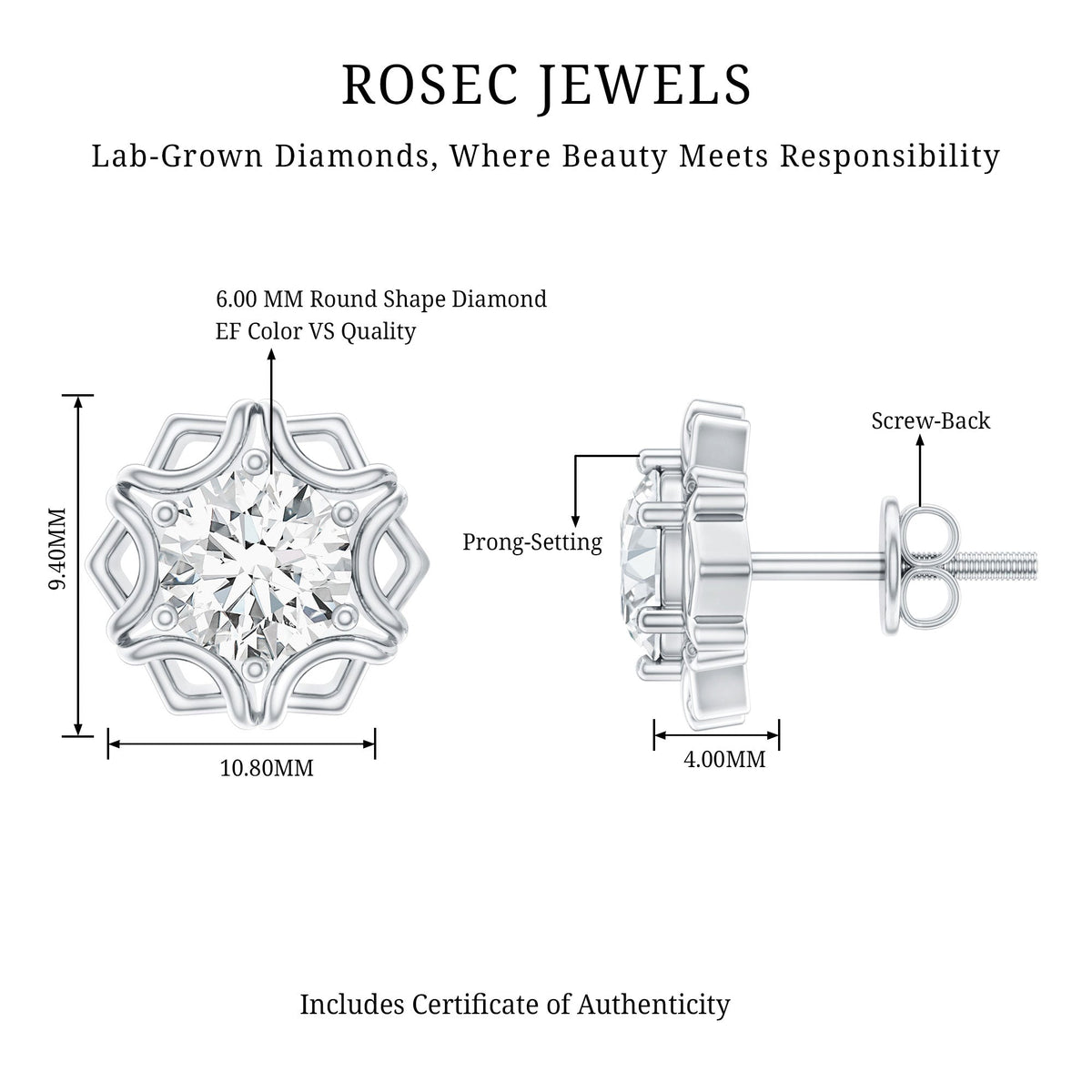Lab Grown Diamond 1.9 Carat Stud Earrings With Screw Back