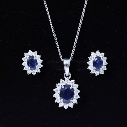 Oval Shaped Lab Created Blue Sapphire Necklace and Earrings Set with Moissanite Halo