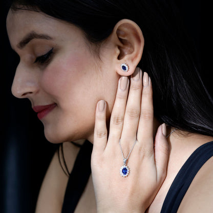 Oval Shaped Lab Created Blue Sapphire Necklace and Earrings Set with Moissanite Halo