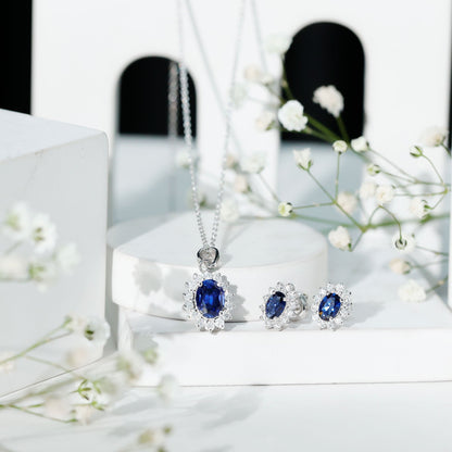 Princess Diana Inspired Lab Grown Blue Sapphire Necklace Earrings Set in Silver