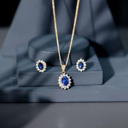 Oval Shaped Lab Created Blue Sapphire Necklace and Earrings Set with Moissanite Halo