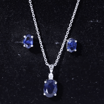 Sterling Silver Lab Grown Blue Sapphire Bridal Necklace and Earrings Set