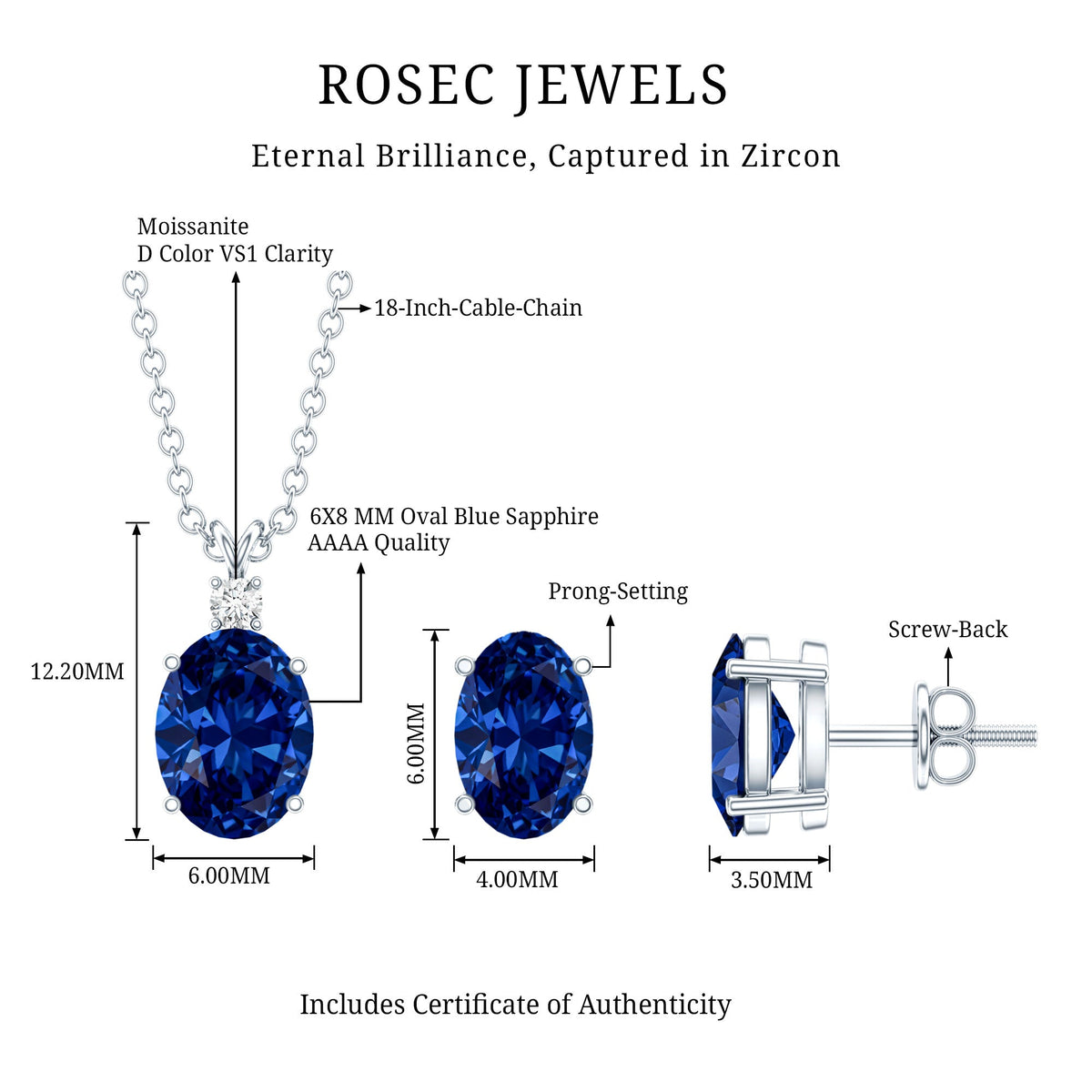 Sterling Silver Lab Grown Blue Sapphire Bridal Necklace and Earrings Set