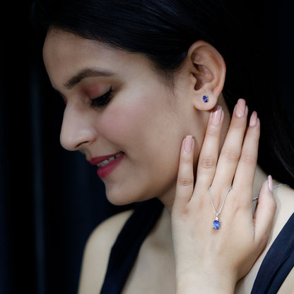 Sterling Silver Lab Grown Blue Sapphire Bridal Necklace and Earrings Set