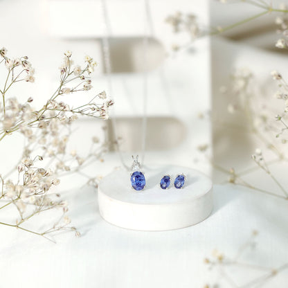 Sterling Silver Lab Grown Blue Sapphire Bridal Necklace and Earrings Set