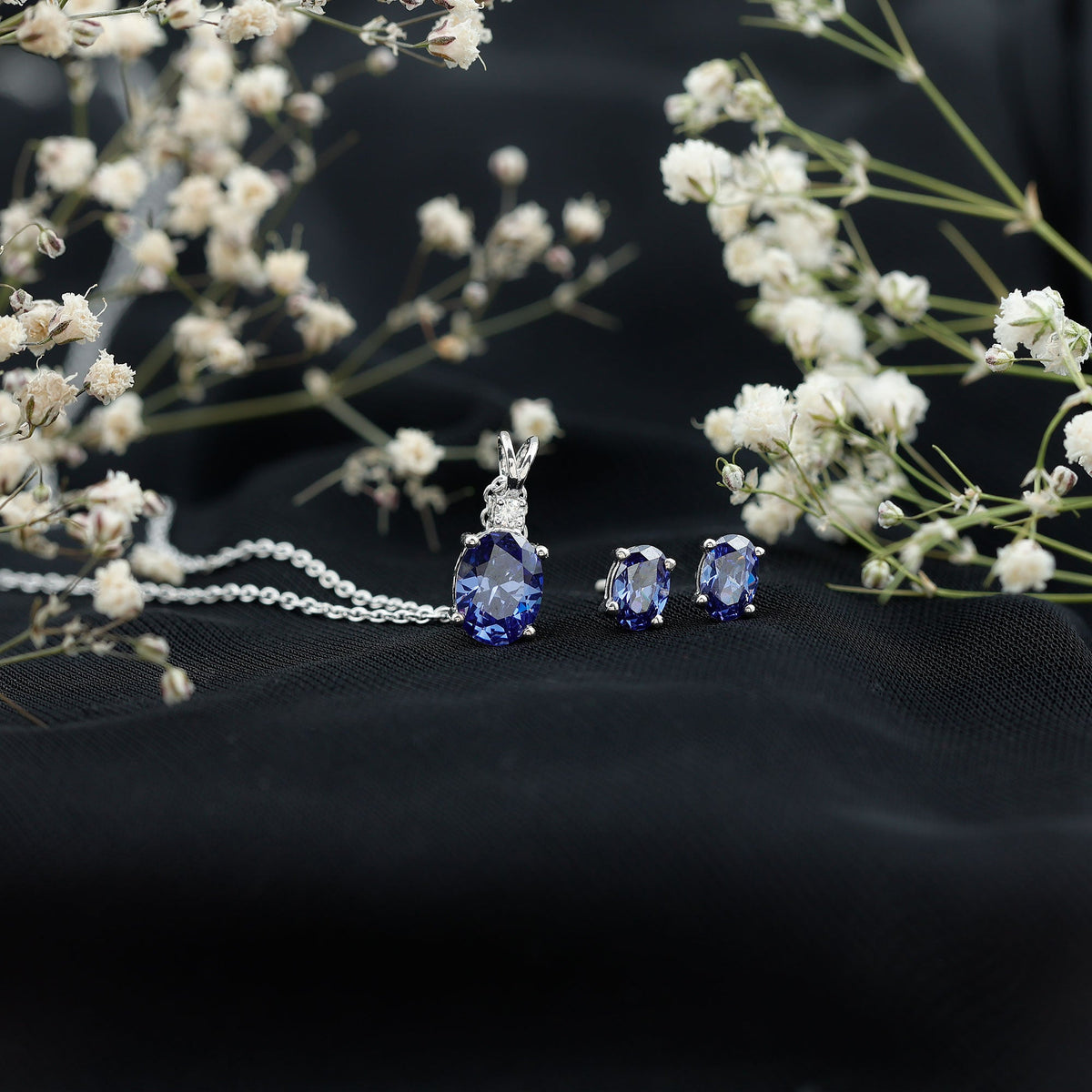 Sterling Silver Lab Grown Blue Sapphire Bridal Necklace and Earrings Set