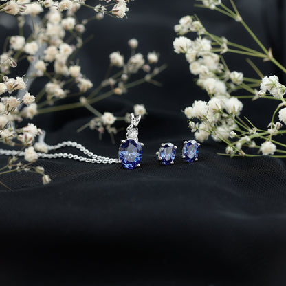 Sterling Silver Lab Grown Blue Sapphire Bridal Necklace and Earrings Set
