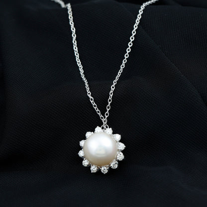 Freshwater Pearl and Moissanite Flower Chain Necklace