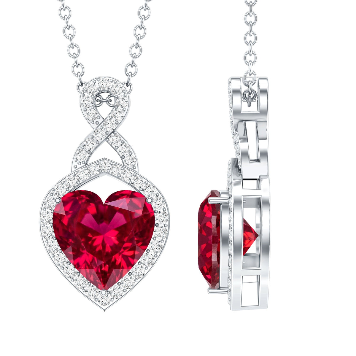 AAAA Quality 2 Carat Lab Grown Ruby Heart Infinity Necklace with Silver Chain
