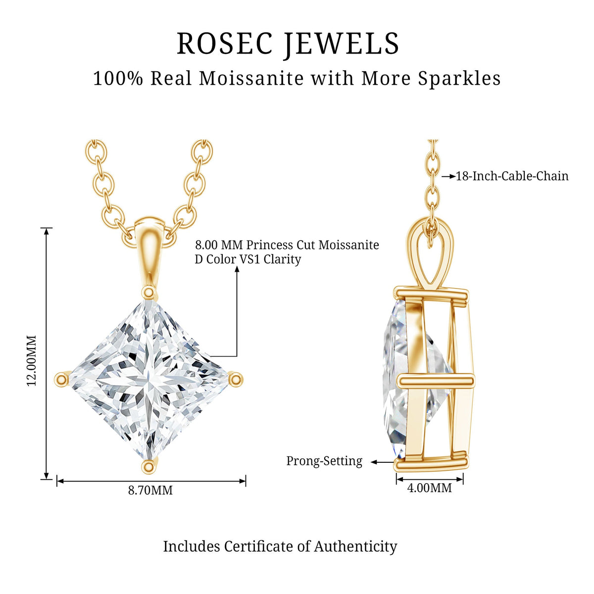 3 CT Princess Cut Moissanite Solitaire Pendant Necklace For Women
