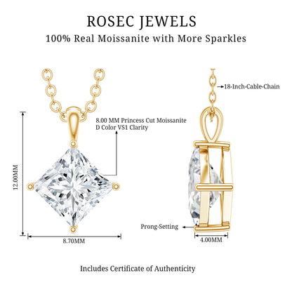 3 CT Princess Cut Moissanite Solitaire Pendant Necklace For Women