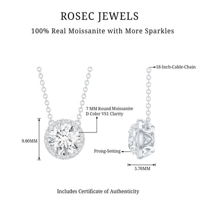 Certified Moissanite Halo Pendant Necklace in Prong Setting