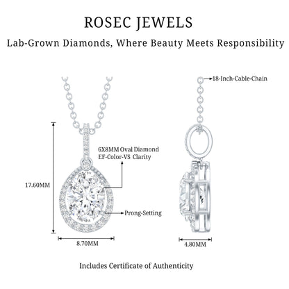 1 Carat Oval Lab Grown Diamond Teardrop Halo Necklace For Women