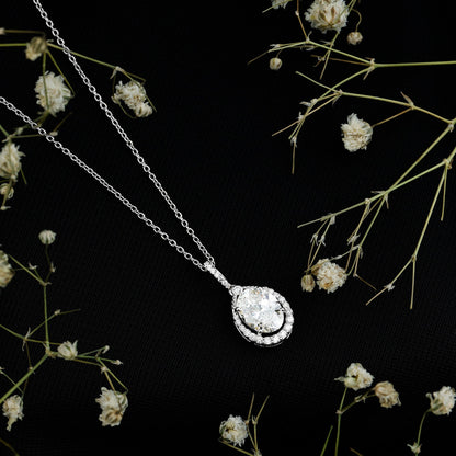 1 Carat Oval Lab Grown Diamond Teardrop Halo Necklace For Women