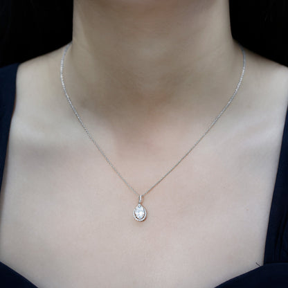 1 Carat Oval Lab Grown Diamond Teardrop Halo Necklace For Women