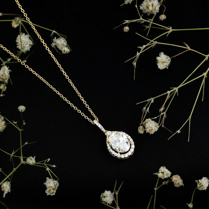 1 Carat Oval Lab Grown Diamond Teardrop Halo Necklace For Women
