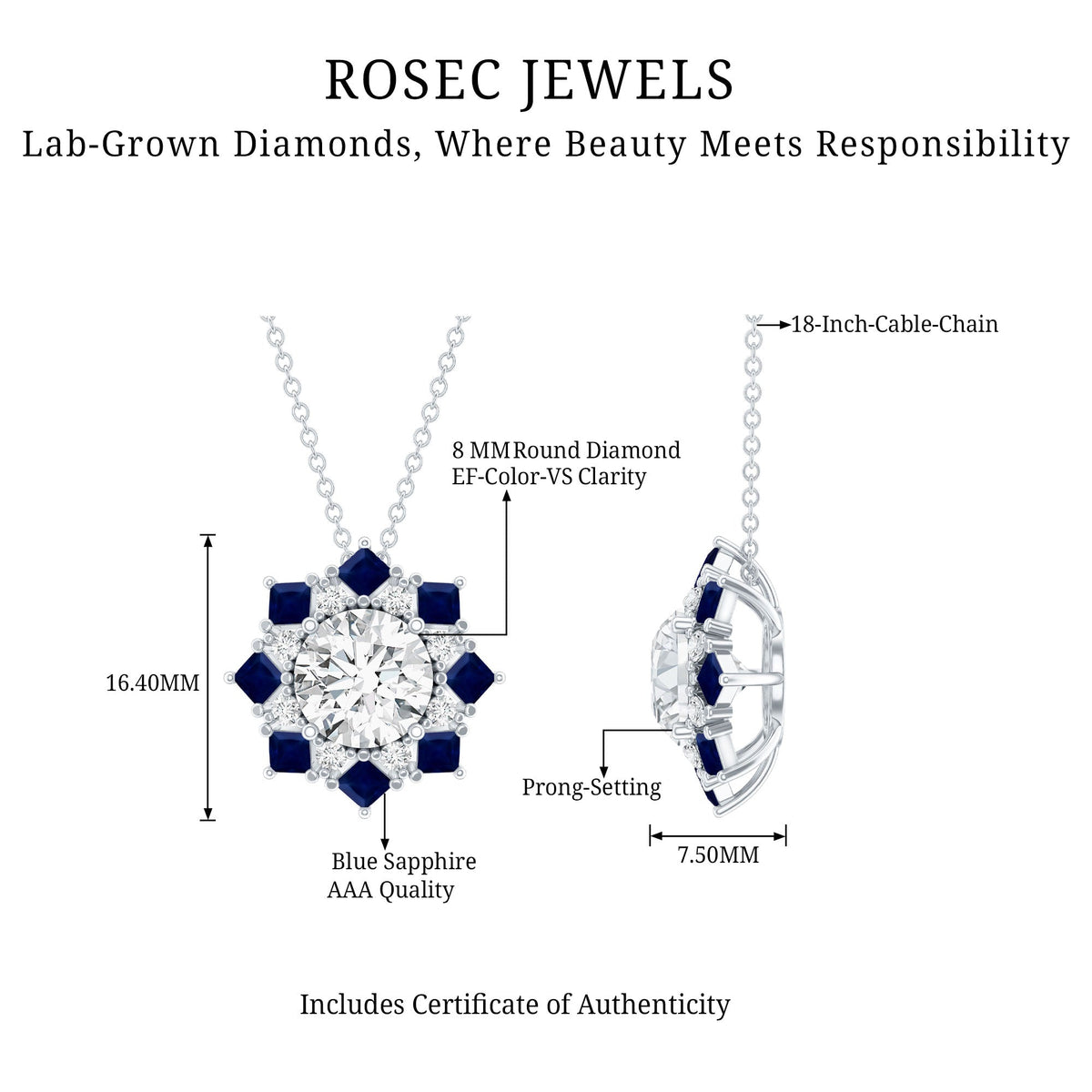Lab Grown Diamond Art Deco Necklace With Blue Sapphire