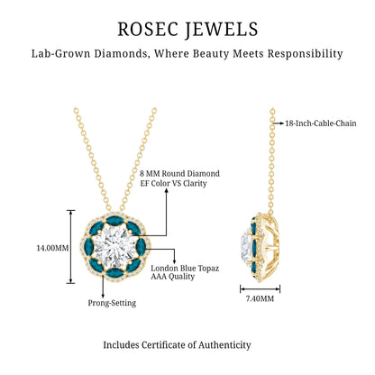 2 Carat Lab Grown Diamond Halo Necklace With London Blue Topaz