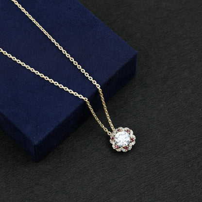 2 Carat Lab Grown Diamond Flower Statement Necklace With Ruby