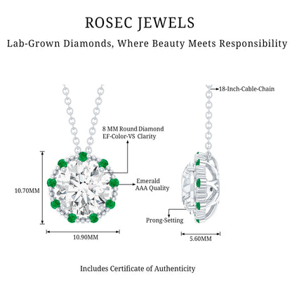 Certified Lab 2 Carat Round Diamond Halo Necklace With Emerald