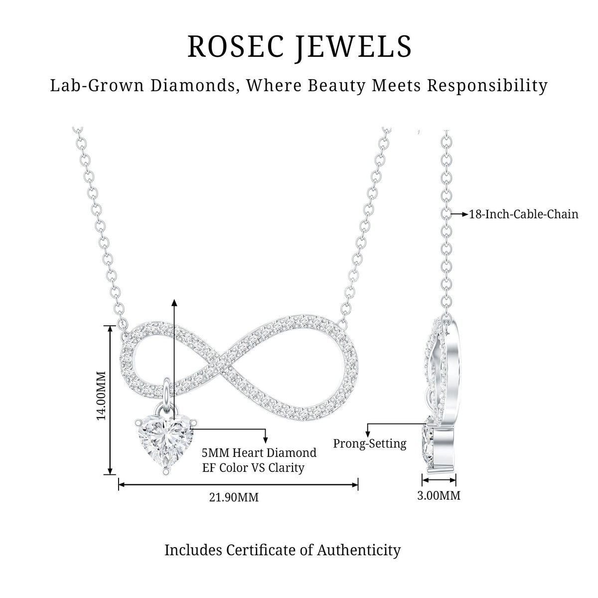 Pave Set Lab Grown Diamond Infinity Heart Charm Necklace