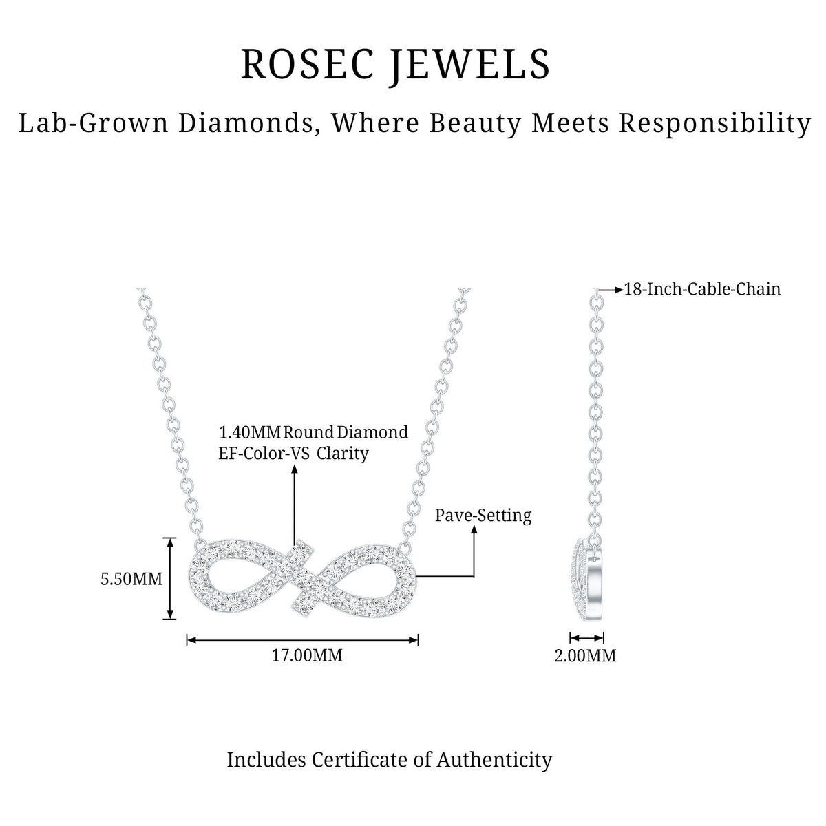 Pave Set Lab Grown Diamond Sideways Infinity Necklace